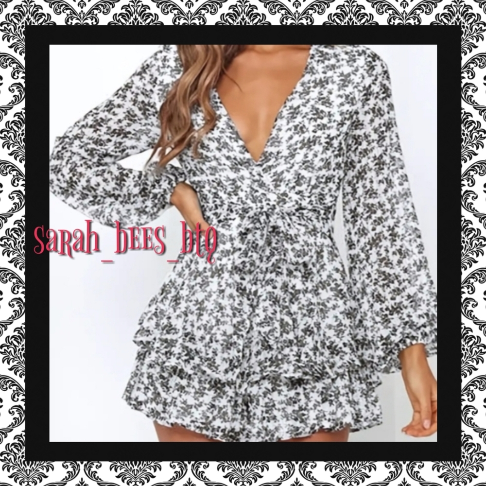 Black & White Floral Wrap Romper with Ruffle Skirt